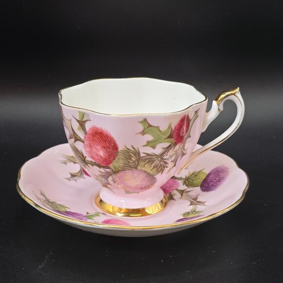 Vintage Queen’s Rosina Thistle Teacup and Saucer Set Gold Trim England - Picture 2 of 11